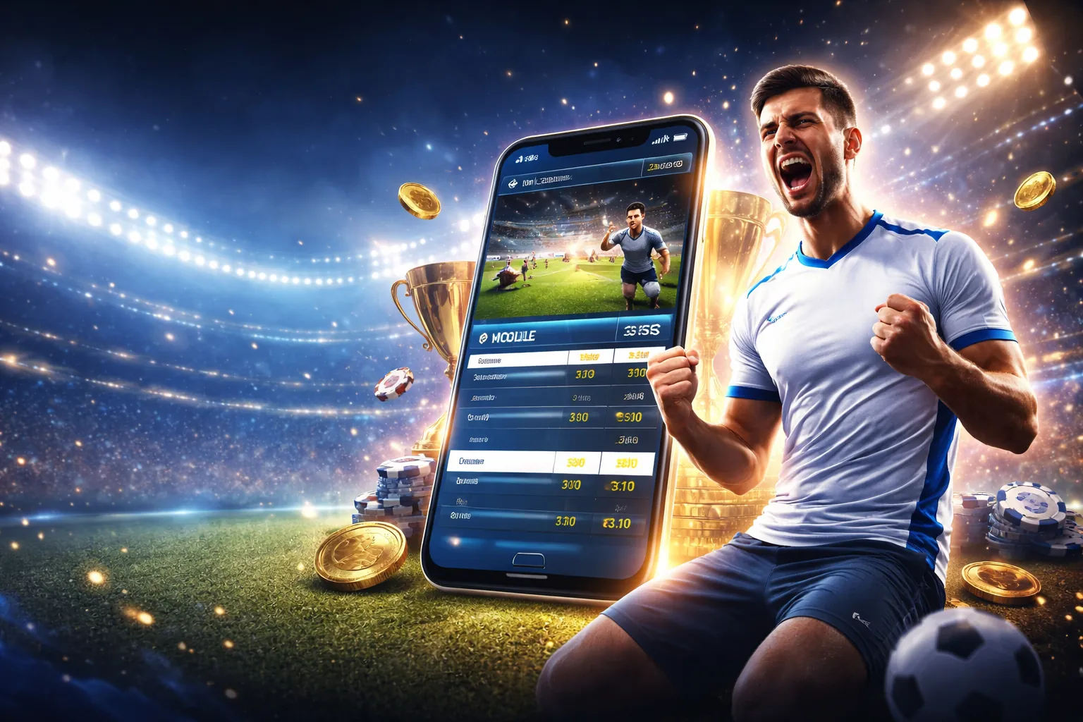 Sân vận động lớn với khán giả cổ vũ, biểu tượng cá cược thể thao goal123